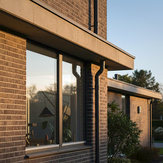 Stora fönster i ett modernt tegelhus speglar kvällsljuset.